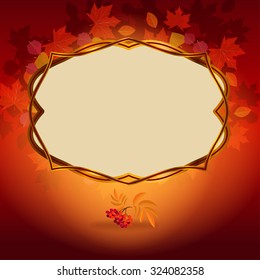 The autumn wedding invitation. On the background autumn leaves are visible. On the top can be seen leaves of maple and aspen.