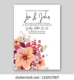 Autumn Wedding Invitation vector printable template card Floral Bridal Wreath cream red greenery Anemone rose peony poppy flowers