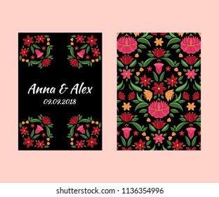 Autumn wedding save the date card template vector. Hungarian folk pattern. Kalocsa embroidery floral ethnic ornament. Vintage background for birthday, anniversary, bridal shower, mexican party.