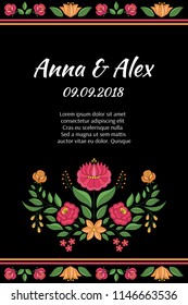 Autumn wedding save the date card template vector. Hungarian folk pattern. Kalocsa embroidery floral ethnic ornament. Vintage flowers background for gypsy birthday party invites, mexican holiday.