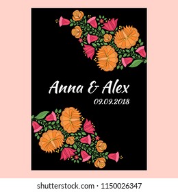 Autumn wedding save the date card template vector. Hungarian folk pattern. Kalocsa embroidery floral ethnic ornament. Vintage border flowers background for gypsy birthday invitation, mexican party.