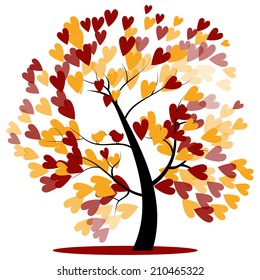 Autumn Wedding Tree of red and yellow Hearts hanging on the branches with two birds sitting