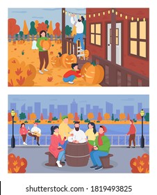 Autumn weekend activity flat color vector illustration set. People drink. Parents with kid decorate yard for Halloween. Friends 2D cartoon characters with urban landscape on background collection