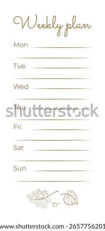 Autumn weekly planner insert. Hand-drawn foliage design - printable Monday to Sunday checklist template