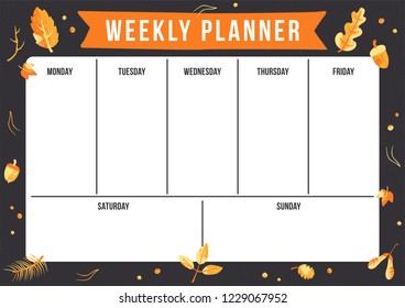 Autumn weekly planner with leaf, acorn and oak. Hand draw stamp vector illustration. Template for print, school and office.