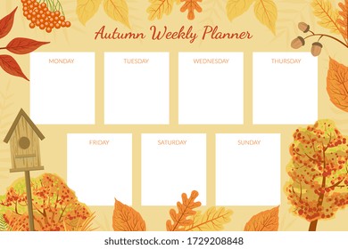 Autumn Weekly Planner Template, Week Calendar Schedule with Bright Autumnal Leaves Vector Illustration