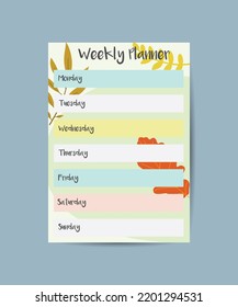 Autumn Weekly Planner Template, Week Calendar Schedule with Bright Autumnal Leaves Vector Illustration
