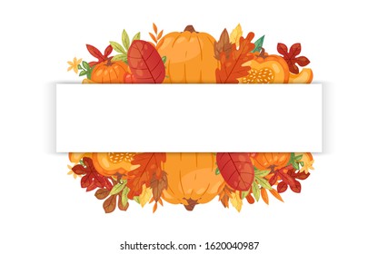 Autumn welcome banner with autumnal pumpkin, fallen leaves for thanksgiving day cartoon vector illustration. Fall season harvest pumpkin vegetable, orange maple foliage, acorn branches poster.