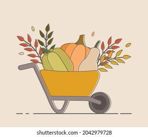 autumn wheelbarrow with pumpkin and leaves. Cute illustration, print or postcard
