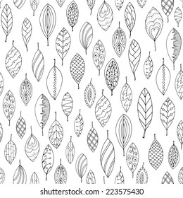 Autumn white and black seamless stylized leaf pattern in doodle style. Seamless decorative template texture with leaves. Used clipping mask for easy editing.