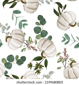 Autumn white pumpkin and eucalyptus seamless pattern. White background.