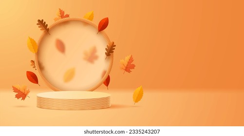 Autumn wicker round podium with a matte transparent display against the background of falling leaves.