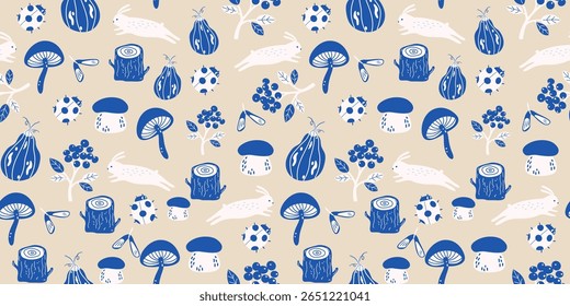 Autumn wild forest vector seamless pattern in folk boho style. Woodland background in Scandinavian style for textile, fabric with autumn leaves, pumpkins, rabbit, mushrooms, branches