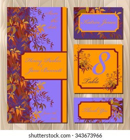 Autumn wild grape branches and orange red leaves. Set printable backgrounds. Invitation card, table number, guest card. Orange and blue design. Vector illustration. 