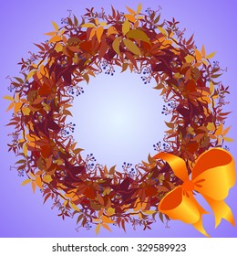 Autumn wild grape wreath and orange ribbon with bow on violet background, circle frame. Vector illustration. 