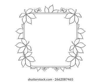 Autumn wild grapes leaf frame with an empty space for text, one line art