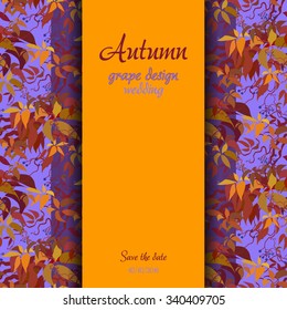 Autumn wild grapevine with orange red leaves. Vertical border strip grapevine design with text autumn grapevine. Grapevine for wine package or grapes label design. Vector illustration stock vector.