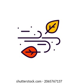 Autumn wind blowing falling leaves. Pixel perfect, editable stroke line art colorful icon