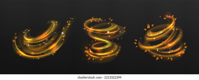 Efecto del viento otoñal con hojas, espiral de tornado ligero. Giro mágico con estrellas y destellos. Giro dorado de varita, hechizo mago, mago, luz dorada de hadas, traza brillante, ilustración 3d vectorial realista