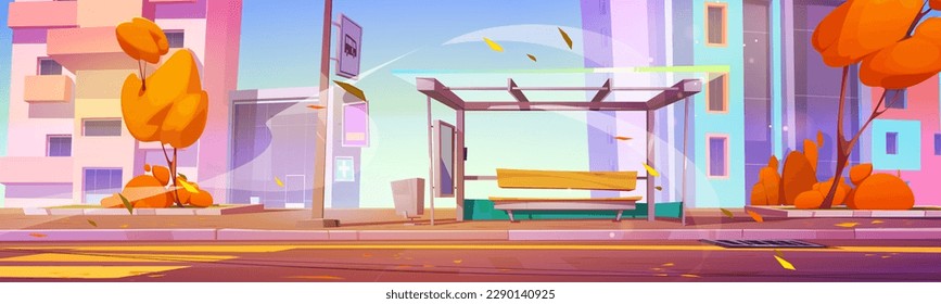 Autumn wind on street bus stop on road vector background. Day light in town cartoon illustration. Empty pavement near transport station with falling leaves outdoor. Panoramic fall cityscape