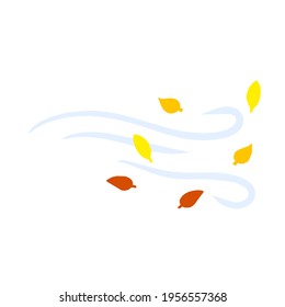 Autumn Wind. Stream of air with red and yellow leaves. Blue wavy line. Breeze and weather icon. Leaf fall. Flat illustration