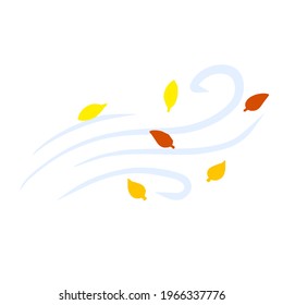 Autumn Wind. Stream of air with red and yellow leaves. Blue wavy line. Breeze and weather icon. Leaf fall. Flat illustration