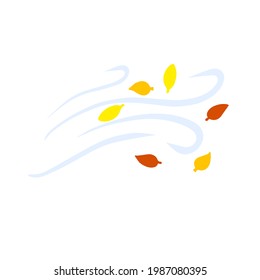 Autumn Wind. Stream of air with red and yellow leaves. Blue wavy line. Breeze and weather icon. Leaf fall. Flat illustration