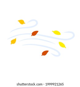 Autumn Wind. Stream of air with red and yellow leaves. Blue wavy line. Breeze and weather icon. Leaf fall. Flat illustration