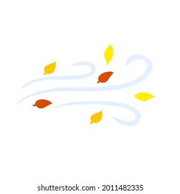 Viento Otoño. Corriente de aire con hojas rojas y amarillas. Línea ondulada azul. Icono de la brisa y el tiempo. Caída de hojas. Ilustración plana