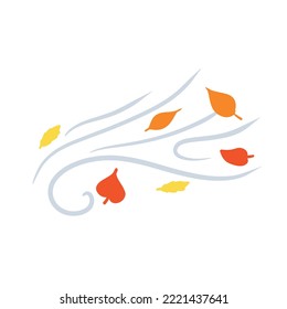 Autumn Wind. Stream of air with red and yellow leaves. Blue wavy line. Breeze and weather icon. Flat illustration. Leaf fall