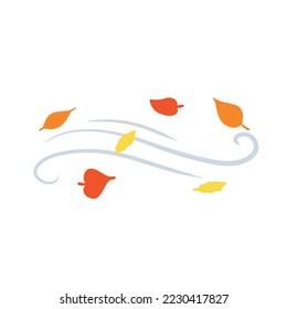 Autumn Wind. Stream of air with red and yellow leaves. Blue wavy line. Breeze and weather icon. Flat illustration. Leaf fall