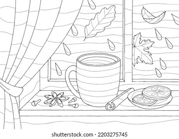 Autumn window coloring book graphic black white sketch illustration vector