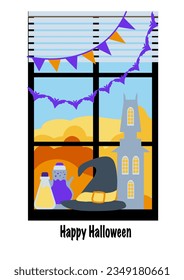 The autumn window is decorated for Halloween. Vertical composition of a postcard for autumn holidays. Happy Halloween inscription. Vector illustration in a flat style.