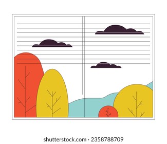 Autumn window flat line color isolated vector object. September trees. October scenery view. Editable clip art image on white background. Simple outline cartoon spot illustration for web design