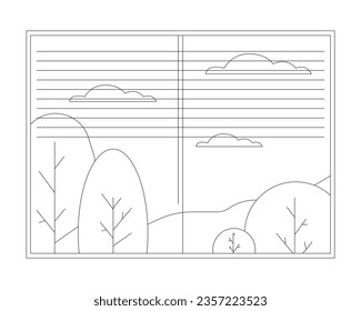 Autumn window flat monochrome isolated vector object. September trees. October scenery view. Editable black and white line art drawing. Simple outline spot illustration for web graphic design