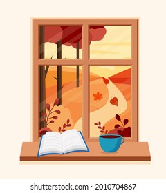 Autumn window with landscape with a book and a coffee cup on the sill. Vector illustration in flat style EPS 10
