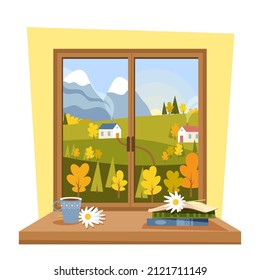 Autumn window overlooking nature and meadows with a cup of tea and a book on the windowsill. Vector illustration in cartoon flat style.