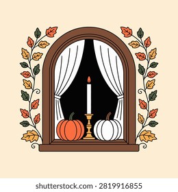 Autumn Window with Pumpkins and Candle Cozy Fall Home Illustration