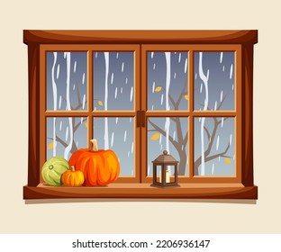 Autumn window with rain outside and pumpkins on a windowsill. Cartoon vector illustration