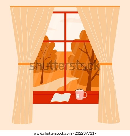 Autumn window. Vector illustration of window with book and coffee. Autumn landscape with trees field. Fall nature. Hygge concept. Cozy autumn days