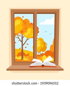 Autumn Window. Vector Illustration Of Wood Window With A View Of Garden And A Book On The Windowsill. Autumn Landscape With Tree, Bush, Field, Leaves. Fall Nature. Hygge Concept. Cozy Autumn Days