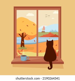 Autumn window with view, a coffee or tea cup on the sill.Cute Cat sitting on the window. Cozy vector illustration in flat style