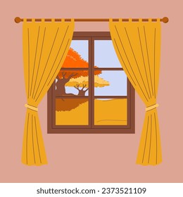 Autumn window. Window with autumn view.  Fall season. Hygge concept. Cozy autumn days