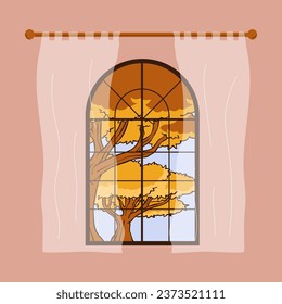 Ventana de otoño. Ventana con vista de otoño.  Temporada de otoño. Concepto de hipoteca. Acogedores días de otoño