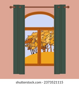 Ventana de otoño. Ventana con vista de otoño.  Temporada de otoño. Concepto de hipoteca. Acogedores días de otoño