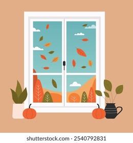 Ilustración plana de vista de ventana de otoño