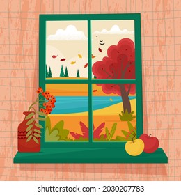 Autumn window with view, vase with Rowanberry twig and apples on the sill. Cute cozy vector illustration in flat style