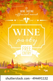 Autumn Wine Party Poster. Fall Harvest Festival Invitation Design. Winemaking Banner, European Landscape - Italy, France Farms. Vineyard Background. Agriculture Vector Illustration Concept.