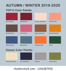 Autumn / Winter 2019-2020 Trendy Color Palette. Fashion Color Trend. Palette Guide With Named Color Swatches. Saturated And Classic Neutral Color Samples Set. Vector Illustration