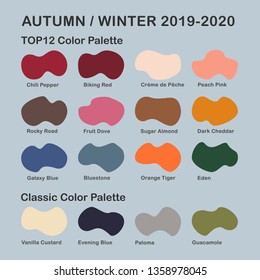 Autumn / Winter 2019-2020 trendy color palette. Fashion color trend. Palette guide with named color swatches. Saturated and classic neutral color samples set. Vector Illustration